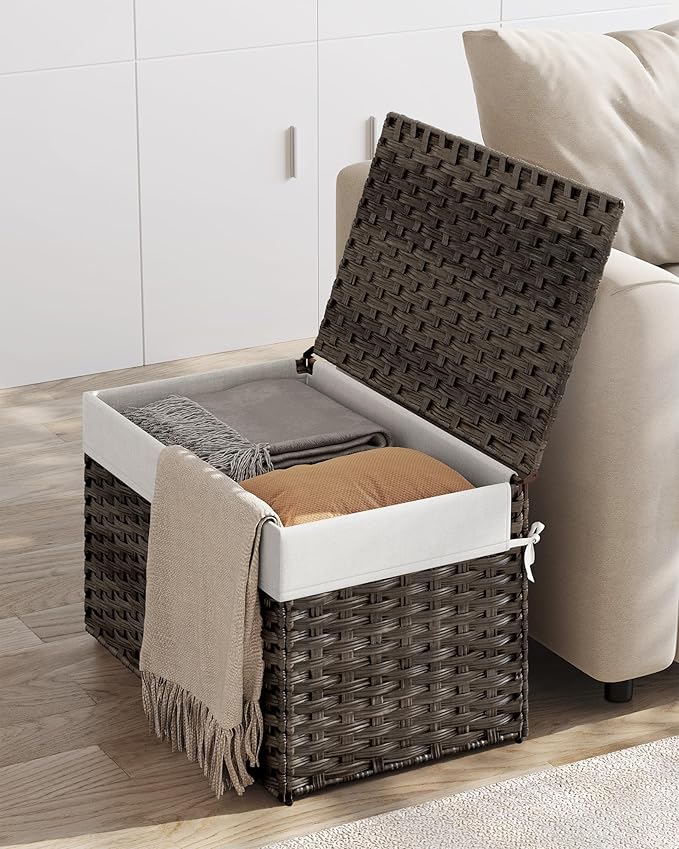 SONGMICS Storage Basket with Lid, 27.7 Gallon (105L) Storage Bin, Woven Blanket Storage Basket with Handles, Foldable, Removable Liner, Metal Frame, for Bedroom, Laundry Room, Brown URST066K01