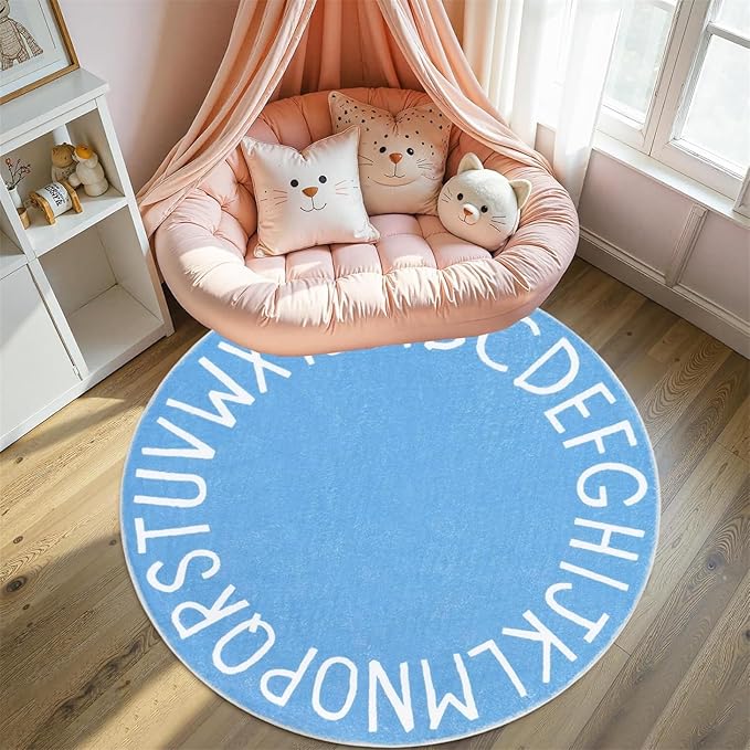 Round ABC Kids Carpet Alphabet Nursery Area Rug Extra Large Soft Crawling Play Mat Suitable for Children's Bedrooms - Non-Slip and Machine Washable-5ft Blue