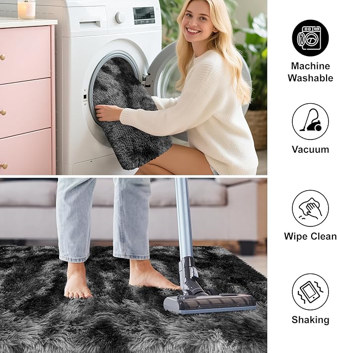Soft Fluffy Plush Area Rug for Bedroom Living Room, 5x8 Tie-Dyed Grey and Black Fuzzy Shag Carpet Indoor Modern Shaggy Rug for Kids Room Boys Girls Dorm Nursery Home