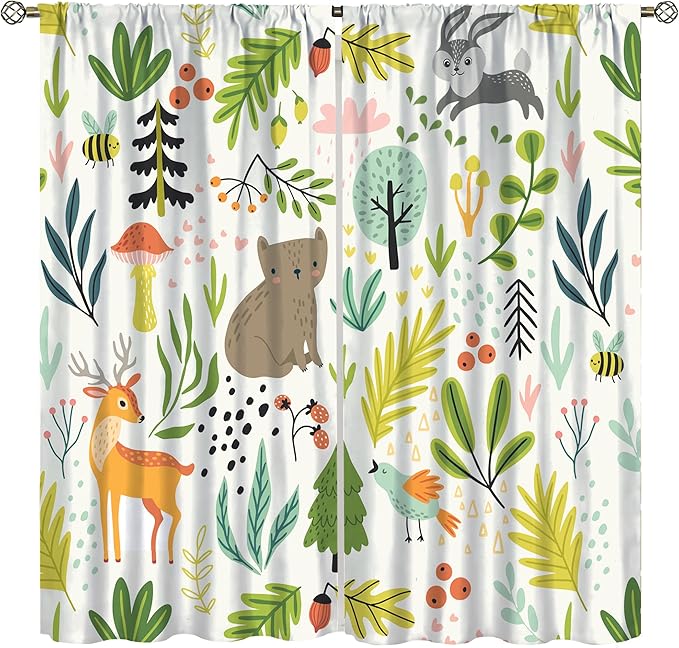 Kid Forest Animal Curtains,Woodland Animal Cartoon Watercolor Forest Hedgehog Fox Toddler Boys Girls Bedroom Living Room Window Drapes 55x63in