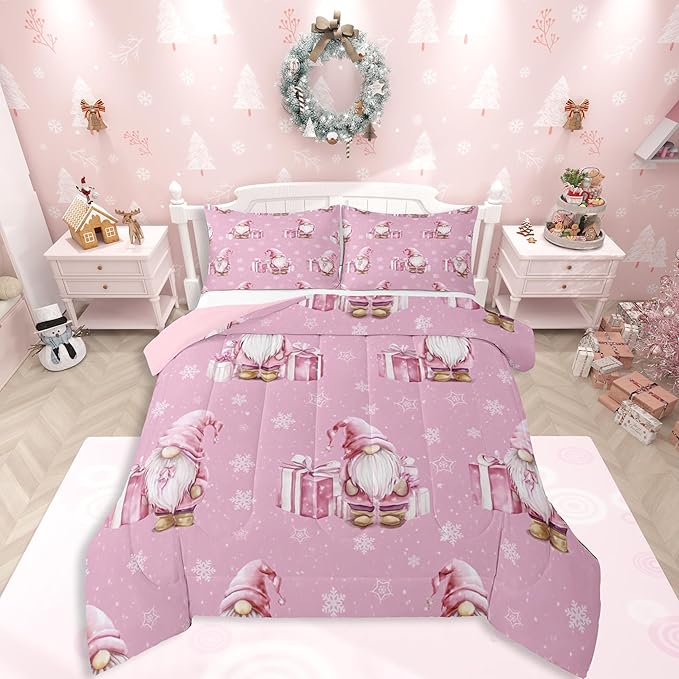 Feelyou Pink Christmas Bedding Set Soft for Boys Girls, Scandinavian Christmas Santa Gnomes Comforter Set Queen Size Xmas Snowflake Duvet Quilt Bedroom Decor 3 Pcs with 2 Pillow Cases
