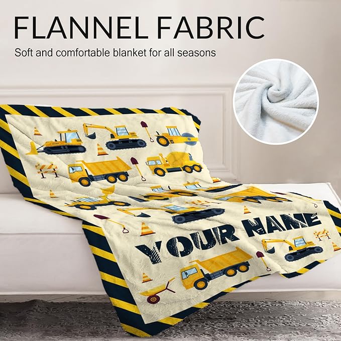 Personalized Construction Blanket for Kids - 30" x 40" Inches Cute Throw Blanket for Boys - Yellow Lightweight Furry Throw for Lap, Couch, Office