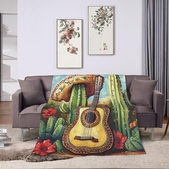 Western Guitar Blanket Cactus Decor Throw Blanket Super Soft Flannel Lightweight Fluffy Plush Cozy Fuzzy Fleece Cowboy Gifts Blanket for Kids Boys Adults Man for Bed Sofa 60"X80"