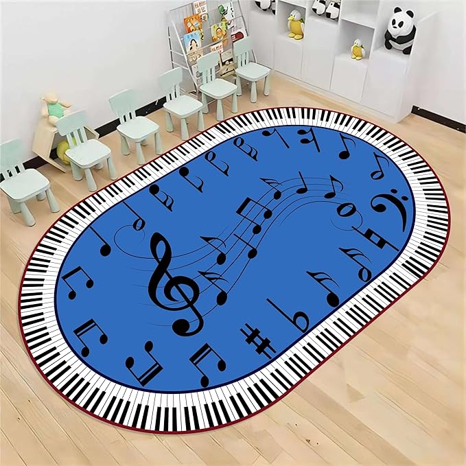 Kids Piano Music Area Rug, 6x8ft, Black and White Keys Musical Notes Design Rug, Music Classroom Decorative Floor Mats, Non-Slip Washable Indoor Carpet for Children's Bedroom Playroom Nursery