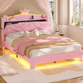MSmask Full Bed Frame with LED Lights, Princess Upholstered Bed with Headboard with Charging Station & Crystal Button & Crown, Velvet Platform Bed for Girls, Solid Wood Slats, Curved Legs, Pink
