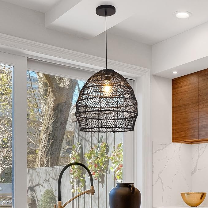 Bamboo Pendant Light Fixture Boho Style 1 Lights Rattan Pendant Lamp Woven Hanging Light for Kitchen Island Nursery in Black(17.7" W)