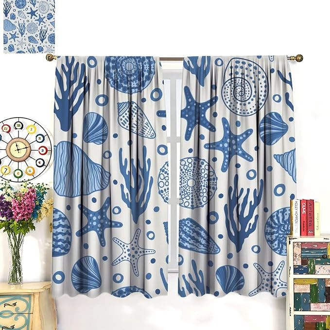Coastal Nautical Curtains,Coral Starfish Seashell Beach Sea Starfish Seashell Theme Pattern Blackout Print Bedroom Living Room Window Treatmen 7 Panel Set 84x84 Inch