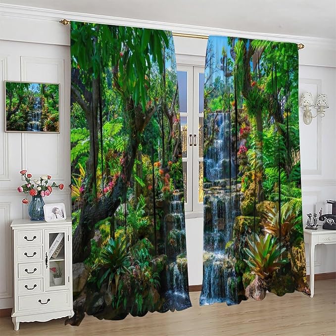 Waterfall Blackout Window Curtains, Spring Forest Nature Landscape Theme Pattern Print Window Drapes, for Living Room Bedroom 84x84in
