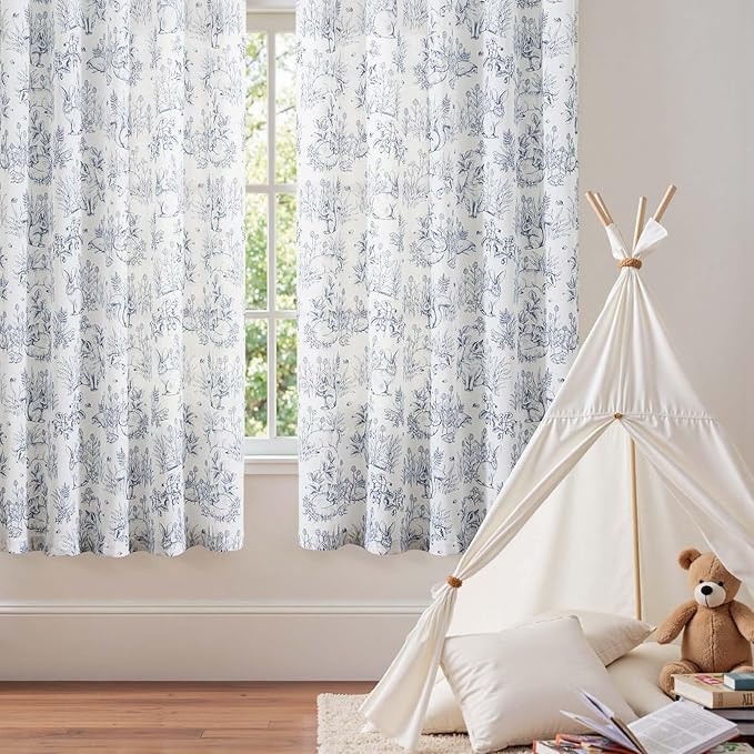 jinchan Linen Nursery Curtains 72 inch Long Woodland Wildlife Blue Print Drapes for Kid's Room Light Filtering French Country Farmhouse Curtains with Bunny and Forest Design Set of 2 Panels