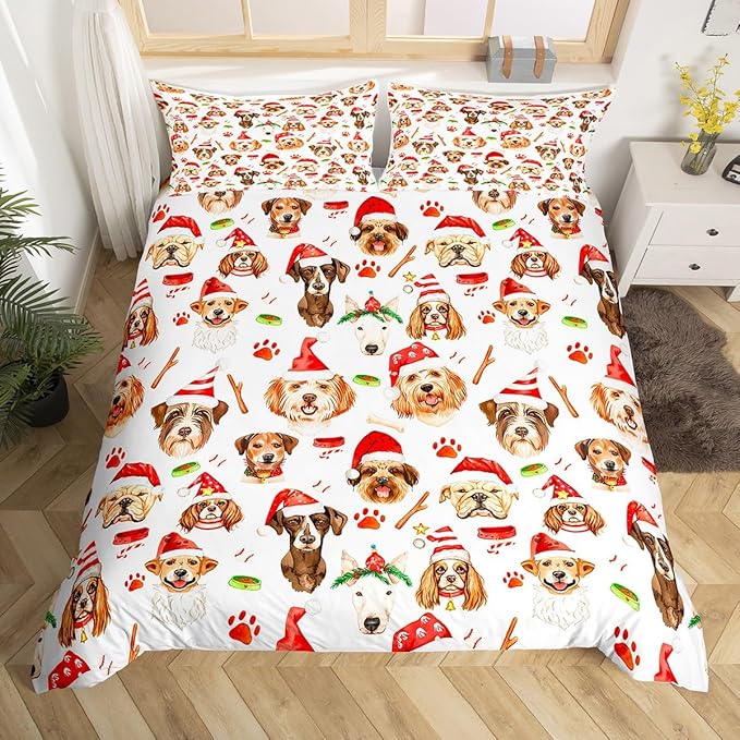 Christmas Kids Bedding Set Cartoon Puppy Dogs Xmas Theme Bedding Duvet Cover Set for Boys Girls New Year Decor Comforter Cover Set Animal Pattern Bedspread Cover Bedroom Quilt Cover 2Pcs Toddler Size