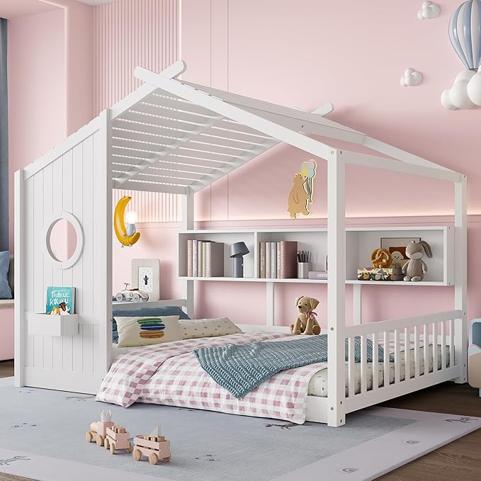 Full Size House Bed with Storage Shelves for Kids,Kids Montessori Floor Bed, Cute Wood House Bed Frame Full with Roof for Girls,Boys,Can be Decorated,White