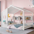 Full Size House Bed with Storage Shelves for Kids,Kids Montessori Floor Bed, Cute Wood House Bed Frame Full with Roof for Girls,Boys,Can be Decorated,White