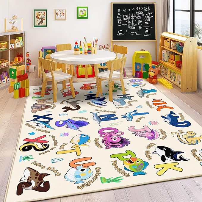 Kids Rugs for Playroom, 8x10 Ft Educational Rug for Learn The ABC Alphabet, Soft Machine Washable Non-Slip Cute Marine Organisms Carpet for Classroom Toddler Nursery Kids Room Decor, Beige