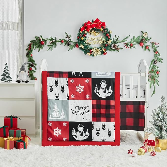 Christmas Gray Crib Bedding Set 3 Pieces New Year Style Quilted Plaid Comforter with Fitted Sheet and Bed Skirt - Cute Snowman Tree Deer Red Black Design Baby Crib Bed Set