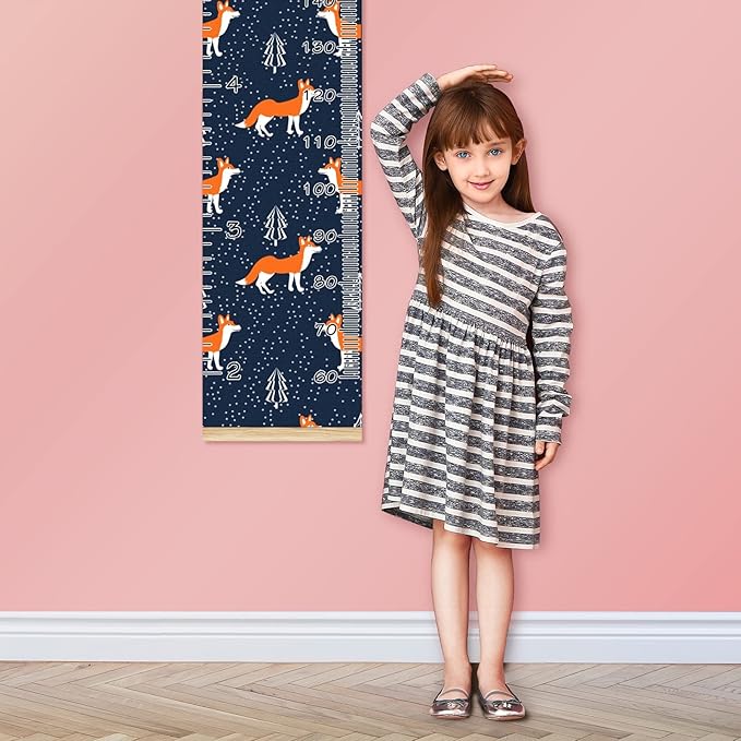 Kids Growth Chart Ruler for Wall Wood Frame Height Measure Chart 13.4x56 in Linen Hanging Height Growth Chart Small Foxes Kids Room Decor