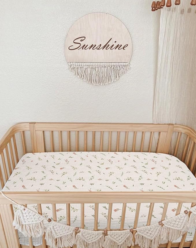 Pack and Play Sheets for Baby Boy and Girl 2 Pack, Neutral Muslin Cotton Pack N Play Mattresses Sheet 27"x39", Muslin Nursery Bedding Soft and Breathable Comfort (Petal Leaf & Pink)