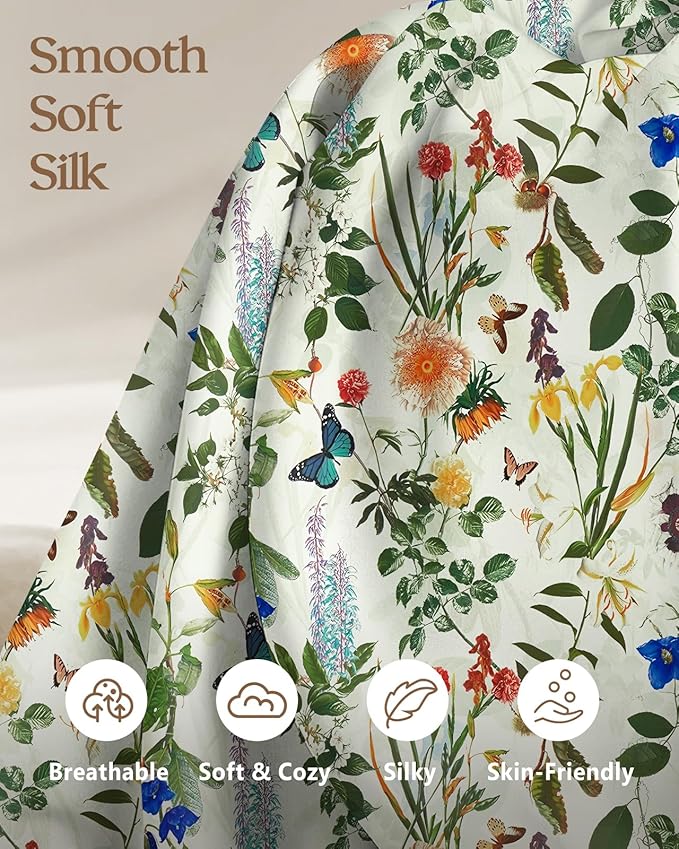 Silk Pillowcase 2 Pack - Cute Pillow Cases 20" x 26" Standard Size Set of 2 for Hair and Skin Smooth Soft Breathable with Hidden Zipper Cooling Pillow Covers for Sleeping, Butterfly Plant