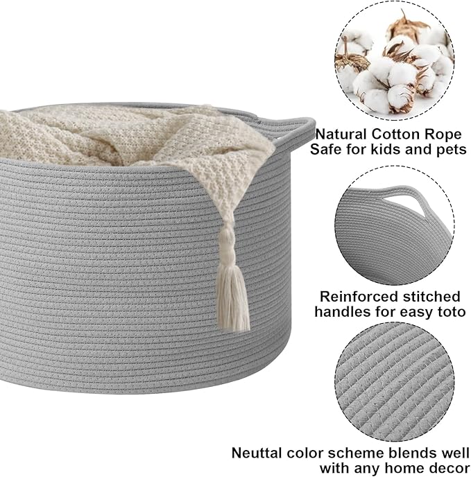 Large Blanket Basket for Organizing,115L Closet Organizers and Storage Bins Box for Shelves Woven Rope Storage Baskets,Living Room,Bedroom,Dorm,Laundry room (Light Grey)