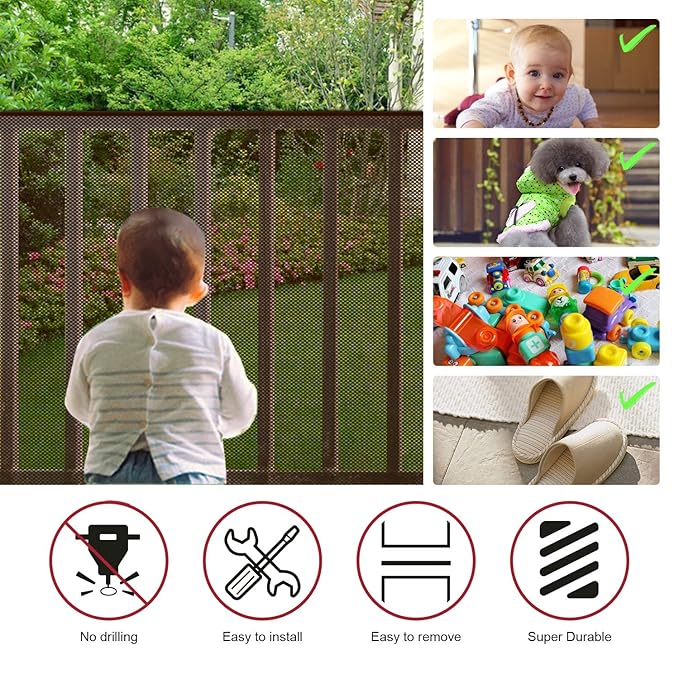 Child Safety Net, Durable Banister Guard for Baby Safety Stairs Railing Balcony Cribs, Banister Stair Mesh Baby Proofing, Easy to Install Stair Netting for Kids, Pets, Toys - (10ft Lx3ft H) Brown