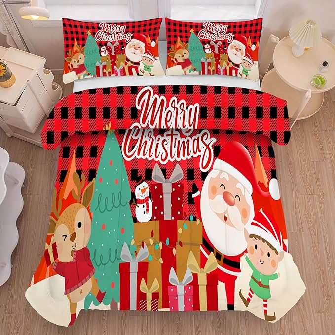 Christmas Comforter Set Twin Size Black and Red Plaid Bedding Sets Xmas Gift Christmas Themed Festival Quilt Set,1 Comforter + 1 Pillow Case