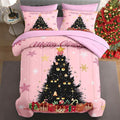 7 Pcs Full Size Christmas Comforter Set with 2 Pillowcases & 2 Shams, Black Cat Xmas Trees Bedding for Kids and Adults, Pink Snowflakes Bed in a Bag with Flat Fitted Sheet