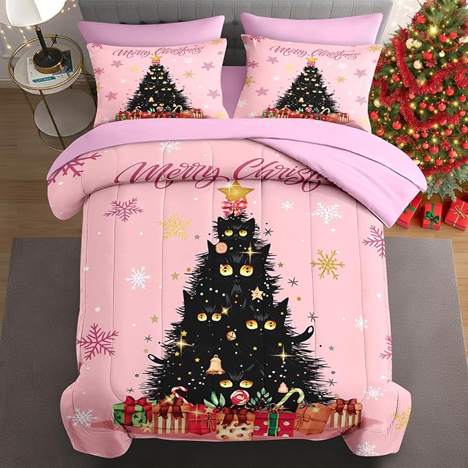 7 Pcs Full Size Christmas Comforter Set with 2 Pillowcases & 2 Shams, Black Cat Xmas Trees Bedding for Kids and Adults, Pink Snowflakes Bed in a Bag with Flat Fitted Sheet