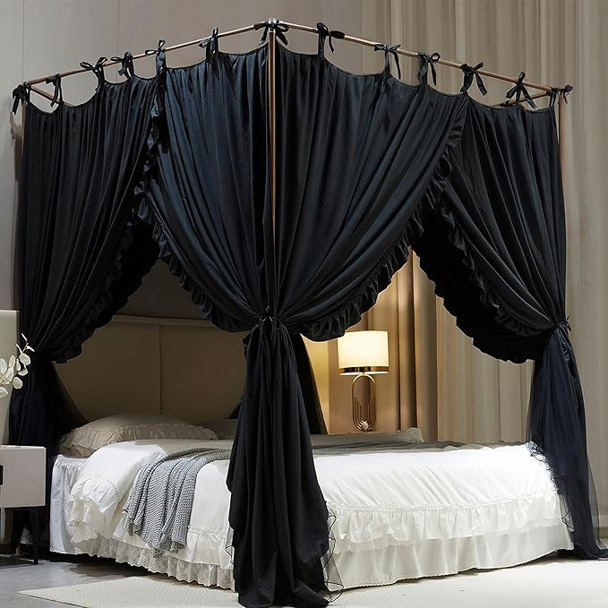 4 Corners Post Princess Curtain Bed Canopy Double Layer Cozy Mosquito Net Mesh and Cloth for Girls Adults Bedroom Decoration (Double-Black/Black, 78" W*86" L*82"*H/(King))