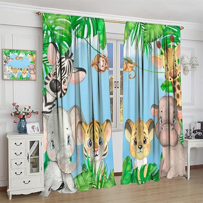 Kids Animals Blackout Curtains Watercolor Cartoon Cute Animals Green Jungle Art Printed for Children Girls Boys Bedroom Nursery Rod Pocket Decoration Window Drapes 2 Panels W27.5xL63in