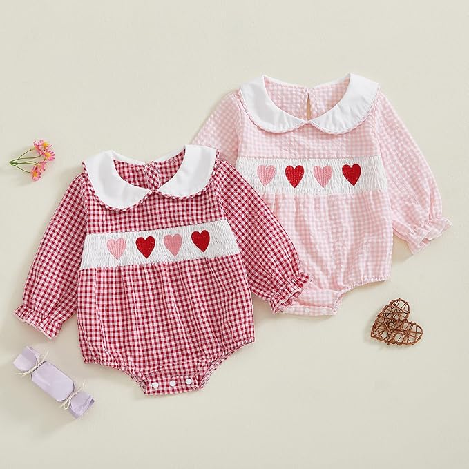 Amiblvowa Baby Girl Valentines Day Outfit Embroidery Love Heart Smocked Bubble Romper Bodysuit Cute Infant Newborn Clothes