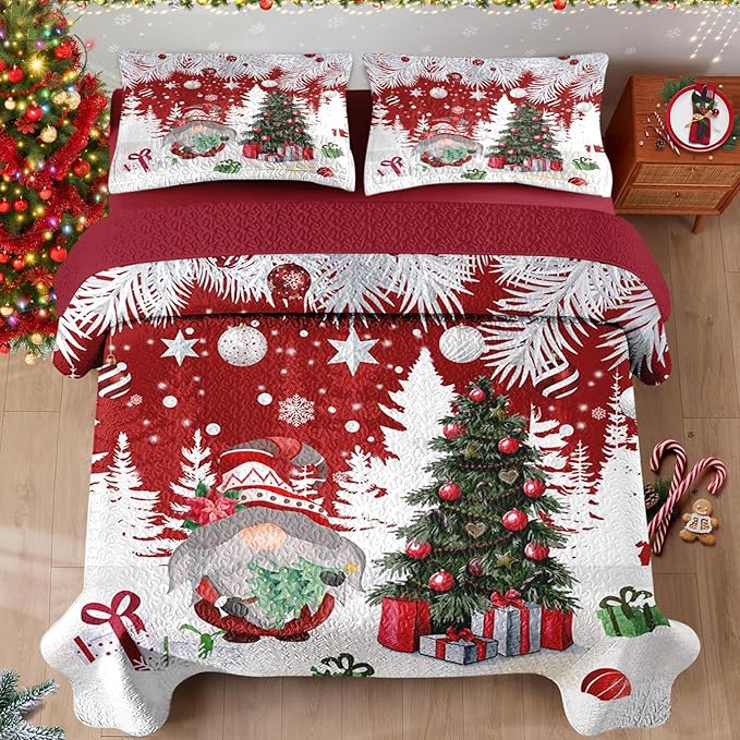 Christmas King Size Quilt Set, Cute Gnome Lightweight Bedspread Coverlet with Pillow Shams for Kids and Adults, Merry Xmas 3 Pcs Bedding Bed Cover