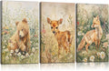 3Pcs Woodland Animal Nursery Canvas Wall Art Forest Animal Nursery Poster Prints Cute Wild Animals Painting Bear Deer Fox Artwork Picture Wall Decor for Boys Girls Room Playroom 16x24in Framed