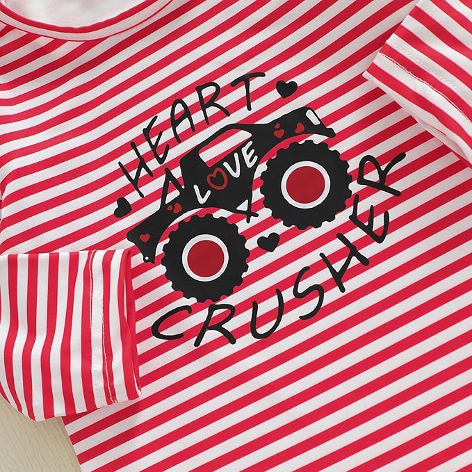 Newborn Infant Baby Boy Valentines Outfit Heart Crusher Long Sleeve Striped Romper + Red Suspender Pants + Hat 3Pcs
