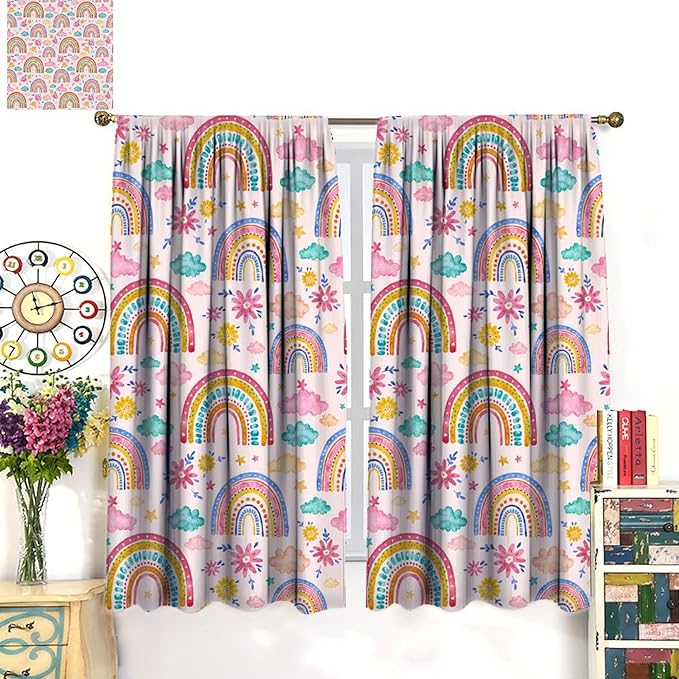 Kids Rainbow Curtains Boho Cartoon Colorful Stars Pink Lovely Rainbow Abstract Art Pattern Print Window Drapes for Bedroom Living Room Kitchen Decor,2 Panel Set,42x63 Inch Blackout