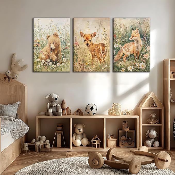 3Pcs Woodland Animal Nursery Canvas Wall Art Forest Animal Nursery Poster Prints Cute Wild Animals Painting Bear Deer Fox Artwork Picture Wall Decor for Boys Girls Room Playroom 16x24in Framed
