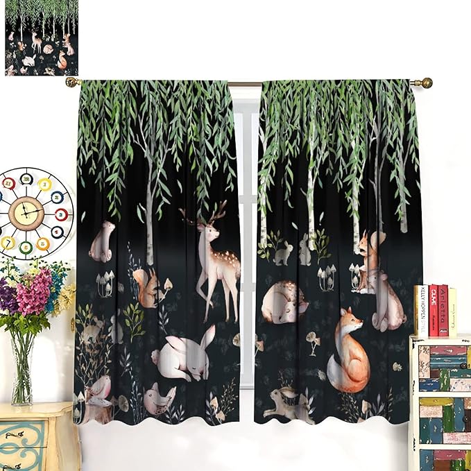 Forest Animal Curtains, Watercolor Cartoon Woodland Plants Animals Bears Moose Mushrooms Printed Curtains for Kids Boys and Girls Bedroom Window Drapes 42x54 Inch