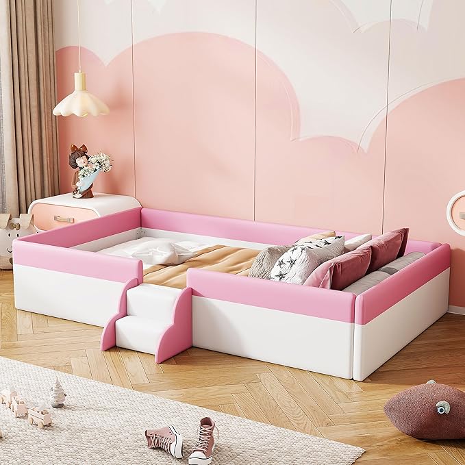 Twin Size Upholstered Daybed Frame with Fence and Stairs, Montessori Kids Floor Bed with Sturdy Slat Support for Kids Boys Girls