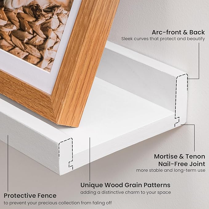 Solid Ash Wood Picture Ledge Shelf, Floating Shelves Set of 2, 56 Inch Long Large Ledge Shelves, Nursery Book Shelves Wall Mounted for Living Room Bedroom Kitchen Decor Kids Bookshelf, White