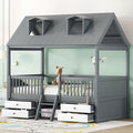 Merax Twin Size House Bed Frame with Full-Length Fence and 4 Storage Drawers, Kids Playhouse Tent Bed with Roof and 2-Step Ladder for Children Boys Girls Teens Bedroom, Solid Wood Slats Support, Gray