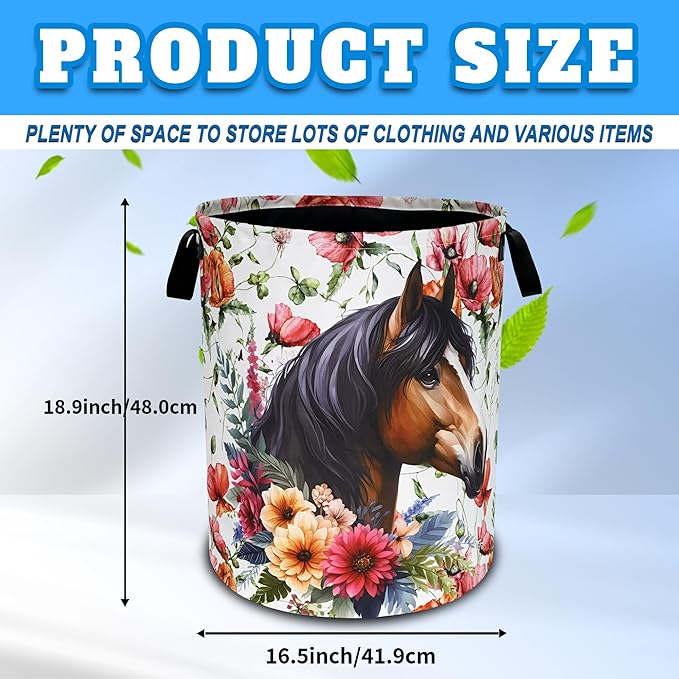 Beautiful Horse Flowers Laundry Basket Oxford Cloth Laundry Hamper With Handle Foldable Portable Clothes Storage Basket 18.9 X 16.5 Inch Storage Bag For Laundry Room/Bathroom/Bedroom/Dormitories