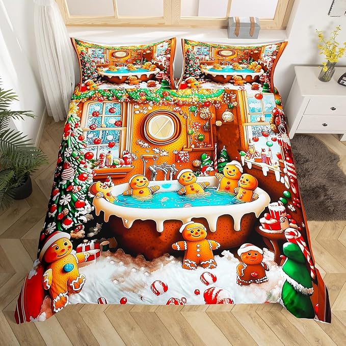 Feelyou Kids Christmas Gingerbread House Duvet Cover, Funny Gingerbread Man Bedding Set Queen Size, Merry Christmas Comforter Cover