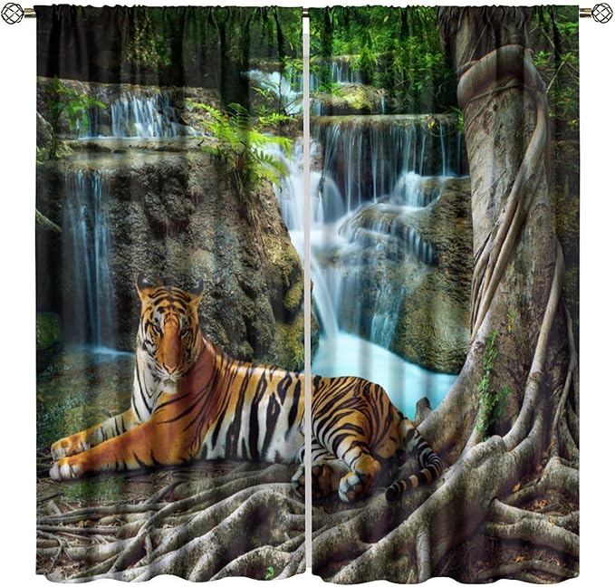 Waterfall Landscape Blackout Curtains, Spring Forest Animal Tiger Tree Waterfall Nature Window Drapes, for Bedroom Living Room 55" W X 63" L