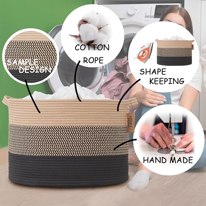 COMFY-HOMI XXXL Large Laundry Basket, Cotton Rope Nursery Woven Basket for Storage, Blanket Baskets Living Room Laundry Hamper, Dog Toy Storage Organizer, Home Decor-21''x21''x13.6''-Jute and Black