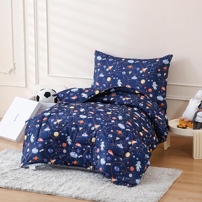 LONAVA Twin Kids Comforter Set - 4 Pieces Twin Bedding Sets for Boys Girls Children, Ultra Soft Microfiber Bed in A Bag with Flat Fitted Sheets, Space