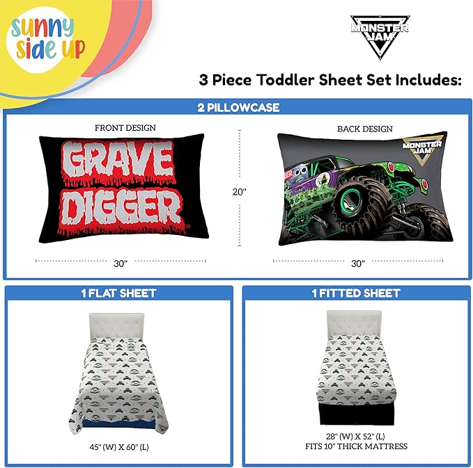 Sunny Side Up Monster Jam Grave Digger Toddler Sheet Set - 3 Piece Toddler Bedding Set Includes Pillow Cover - Super Soft Microfiber Sheets