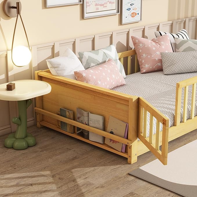 Floor Bed with Rails and Door Twin Size, Wood Montessori Floor Bed with Storage Bookcase, Kids Bed Frame with Fence for Boys Girls, Natural
