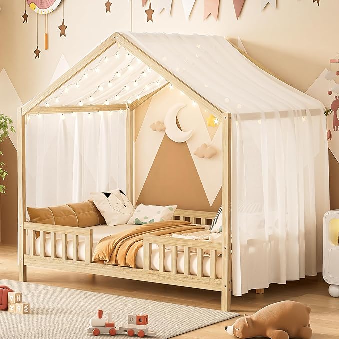 Montessori Floor Bed with Canopy, High Railings and Roof, Full Size Wood House Bed Frame for Kids Bedroom (Natural/C)