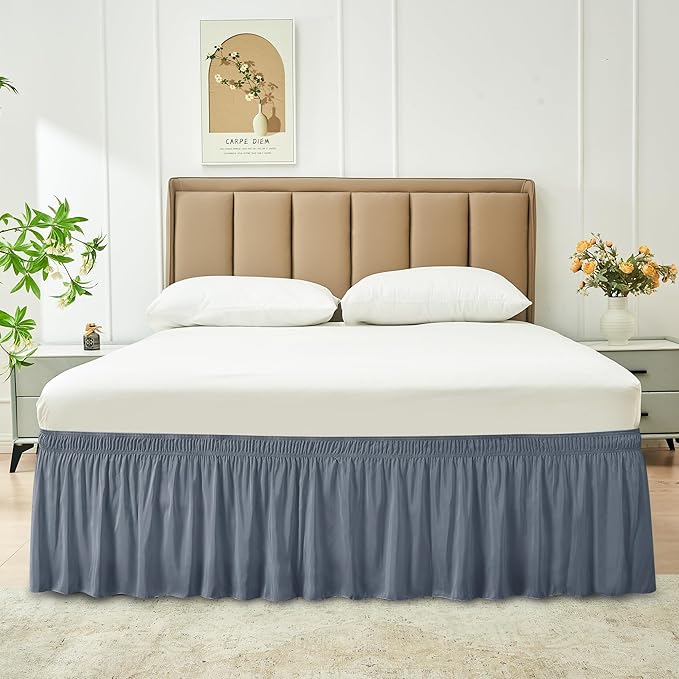 Biscaynebay Wrap Around Bed Skirts for King & Cal King Beds 15" Drop, Dark Grey Adjustable Elastic Dust Ruffles Easy Fit Wrinkle & Fade Resistant Silky Luxurious Fabric Machine Washable