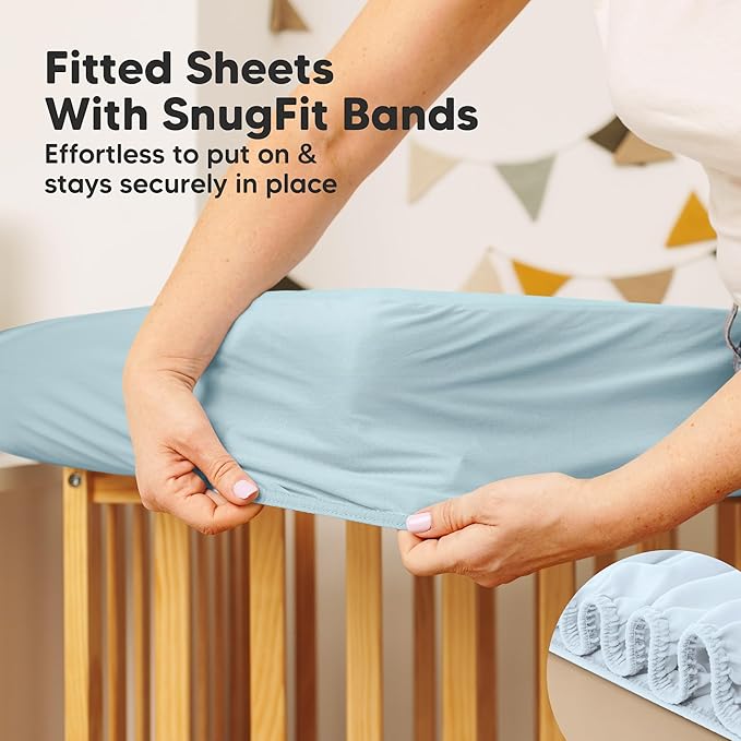 Waterproof Crib Mattress Protector Cover Fitted - 2-Pack Quiet Baby Crib Mattress Pad Sheets, 52" x 28" Soft Quilted Cotton Baby Sheet, Machine Washable, Easy Fit, Durable (Glacier/Quin)