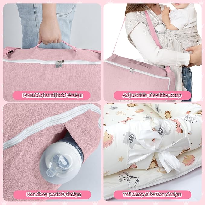 Baby Lounger for Newborn 0-24 Months, Portable Infant Lounger with Soft Breathable Cotton, Adjustable Size Lengthen Space Lightweight & Washable Essentials for Home (2. Pink Animal World)