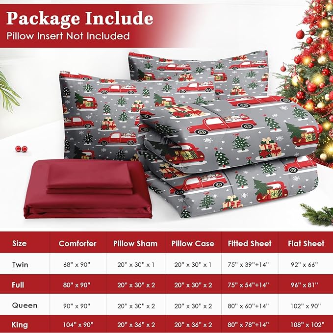 7 Pcs Full Size Christmas Comforter Set with 2 Pillowcases & 2 Shams, Red Cartoon Truck Bedding for Kids and Adults, Merry Winter Pine Tree Bed in a Bag with Flat Fitted Sheet